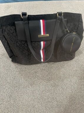 Tommy Hilfiger Black Tote with Signature Red-White-Blue Stripe and Coin Pouch
